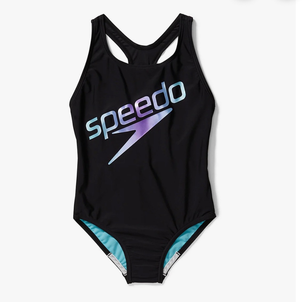 Girls Speedo Black Swimsuit with Multicolor Logo Size 14